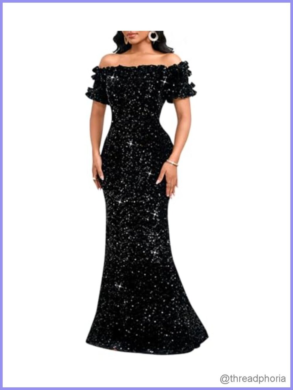 Sequin Off Shoulder Ruffle Sleeve Bodycon Mermaid Maxi Dress